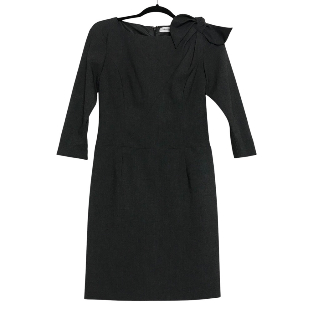 Calvin Klein Bow Trim 3/4 Sleeve Sheath Dress Women Size 2 Office Cocktail Pinup